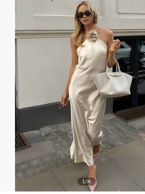 NWT* Elegant Cream Satin Halter Dress with Floral Accent
